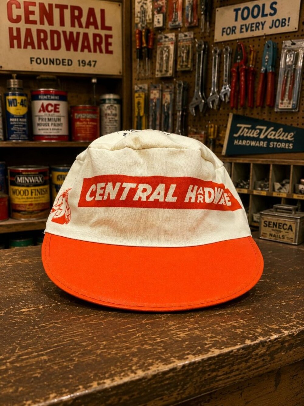 Vintage Central Hardware Orange & White Canvas & Vinyl Hat Adjustable Cap